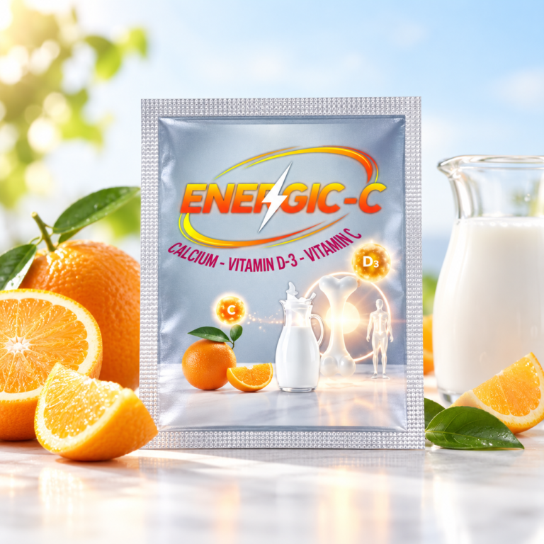 ENERGIC-C supplement sachet with citrus and bright studio accents