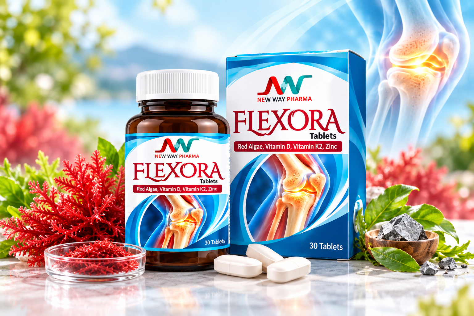 Flexora bone and joint support tablets with bottle and carton