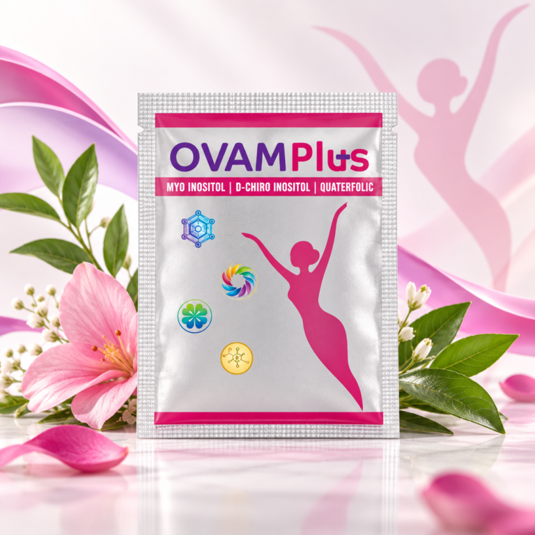 OVAM Plus product sachet with a soft magenta and botanical studio background