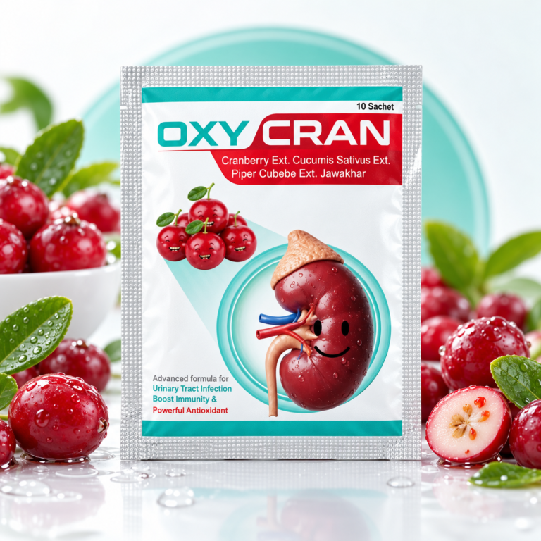 OXY CRAN sachet with cranberries in a clean studio setting