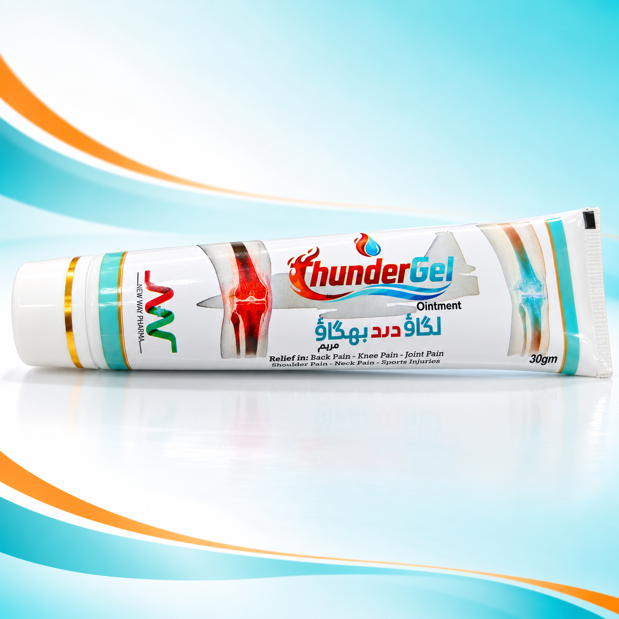 ThunderGel 30 gm ointment tube with its branded label on a clean aqua and orange studio background